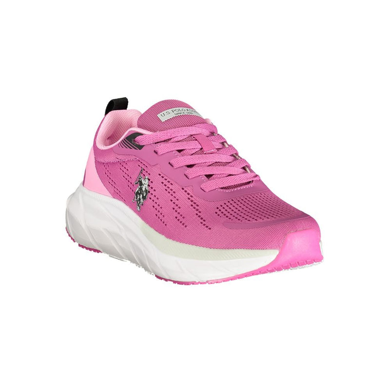 Pink U.S. Polo Assn. women’s polyurethane athletic sneaker with a white chunky sole and side logo branding.
