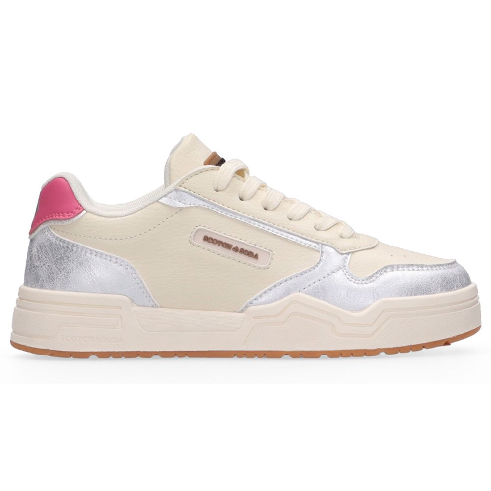 Beige sneaker with pink and silver accents on a white background