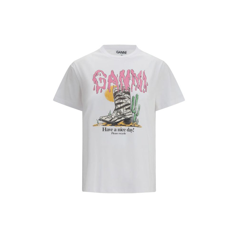 White cotton t-shirt with short sleeves and a graphic print of a cowboy boot and pink Ganni logo