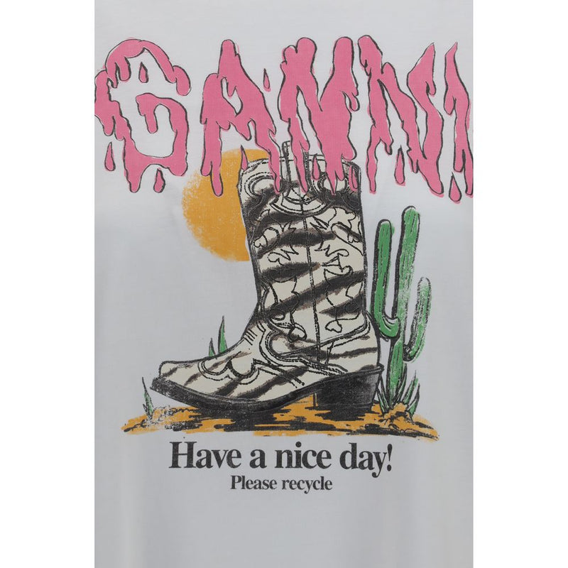 White cotton t-shirt with pink dripping Ganni logo, cowboy boot graphic, and text
