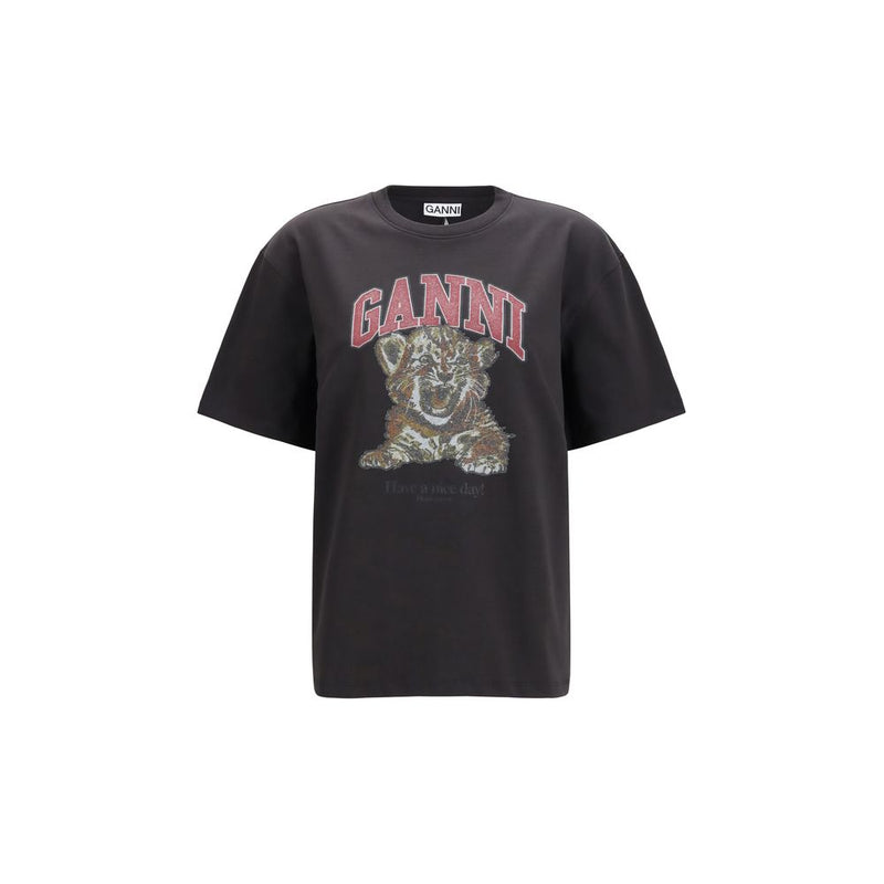 Black cotton t-shirt with short sleeves featuring a red collegiate logo and a tiger graphic on the chest