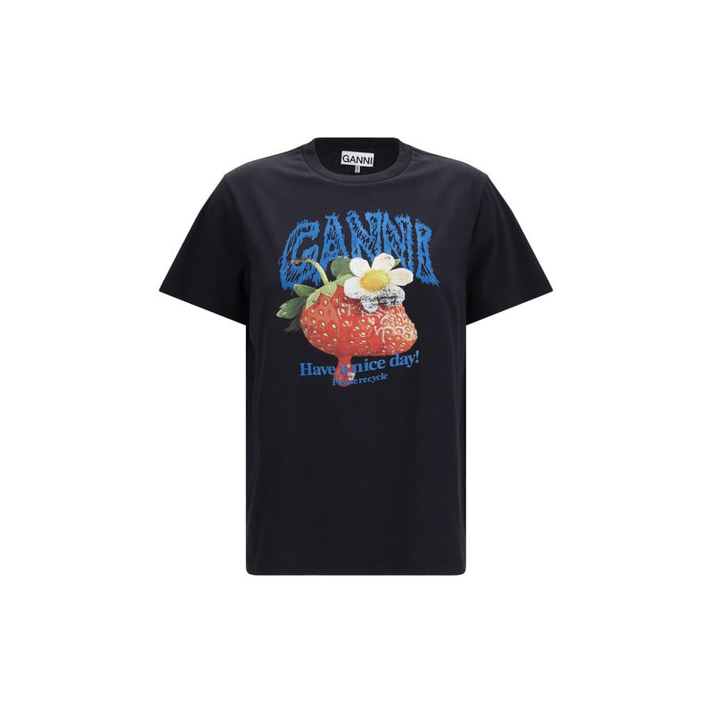 Black cotton t-shirt with a blue graphic logo and a red strawberry graphic
