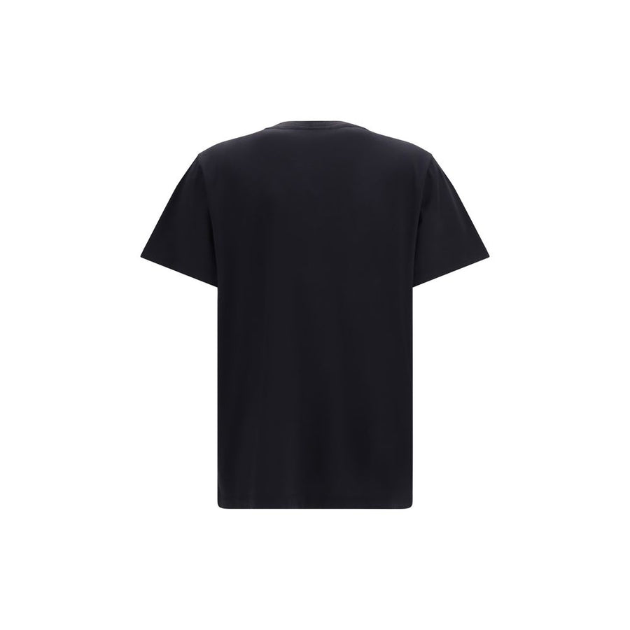 Black cotton t-shirt with a blue graphic logo and a red strawberry graphic