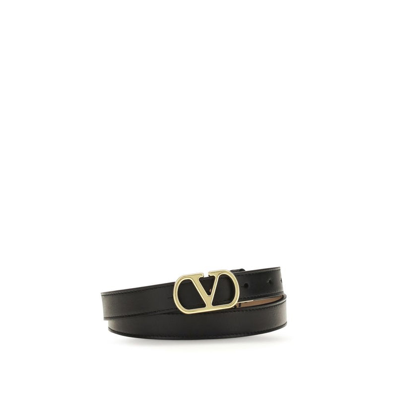 Black leather belt with a gold V logo buckle