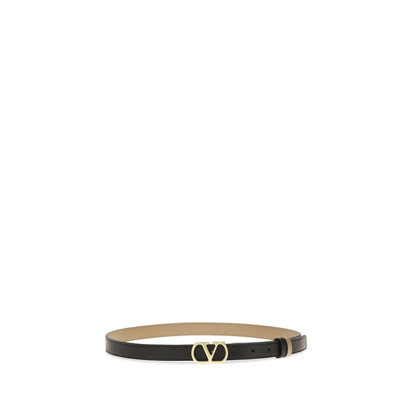 Black leather belt with a gold V logo buckle
