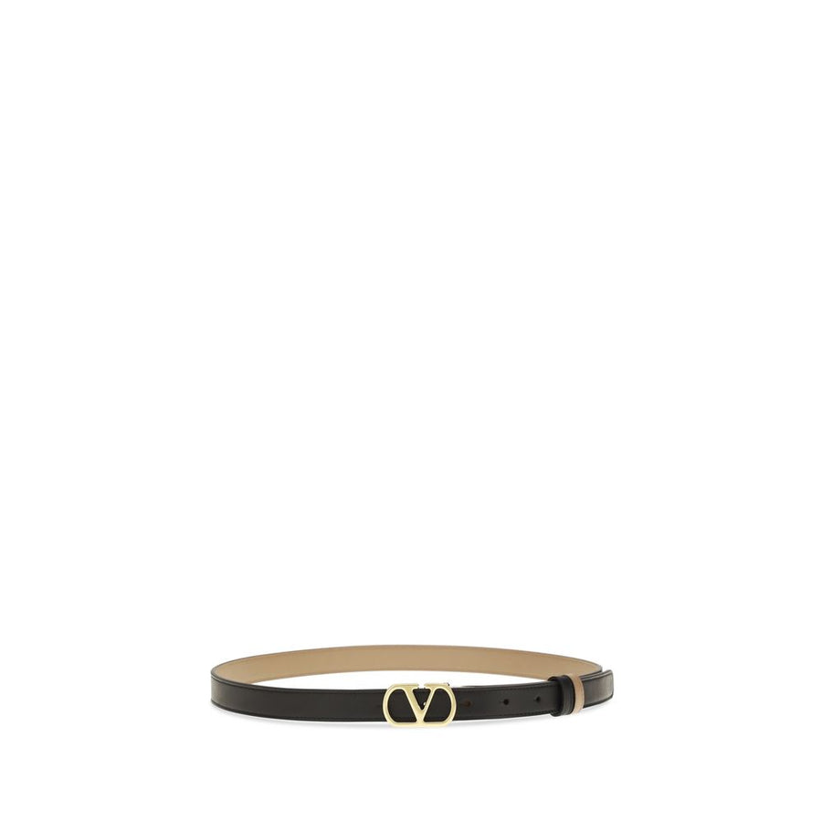 Black leather belt with a gold V logo buckle