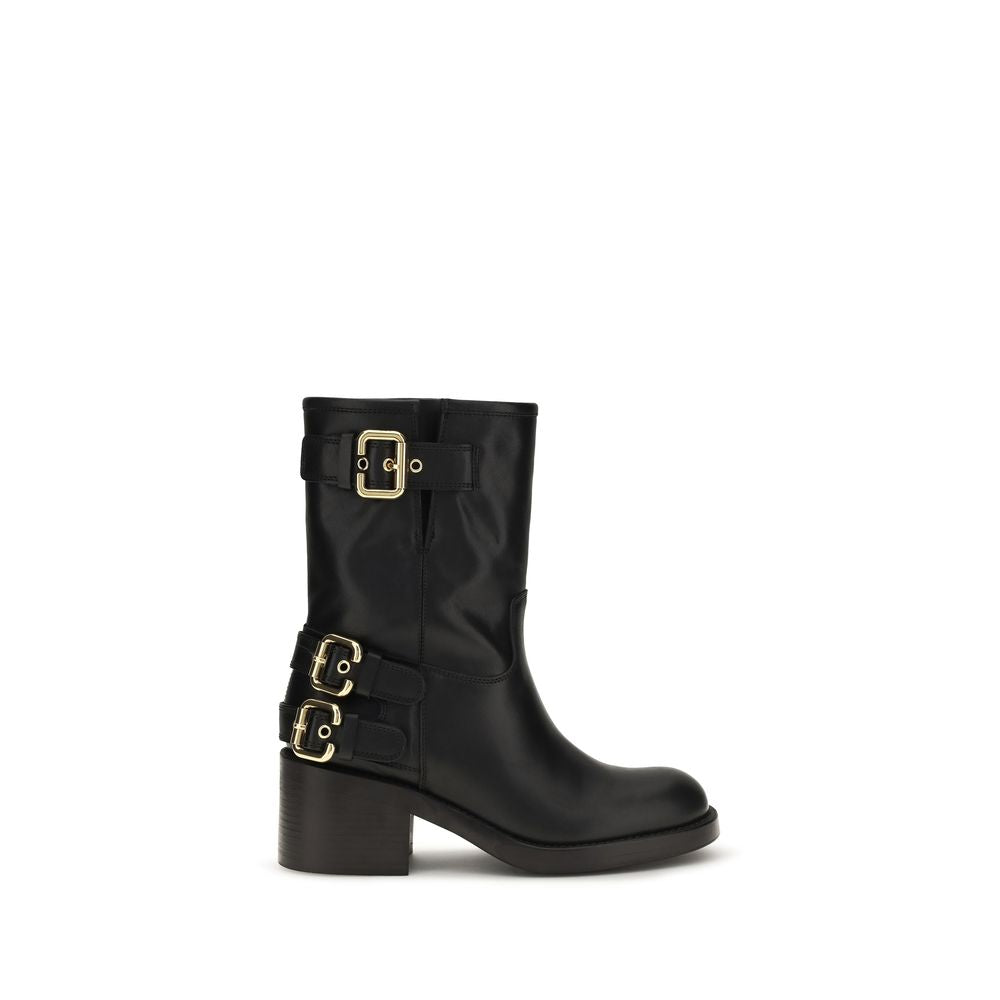 Black calf leather ankle boot with three gold-tone buckles, a round toe, and a chunky block heel.