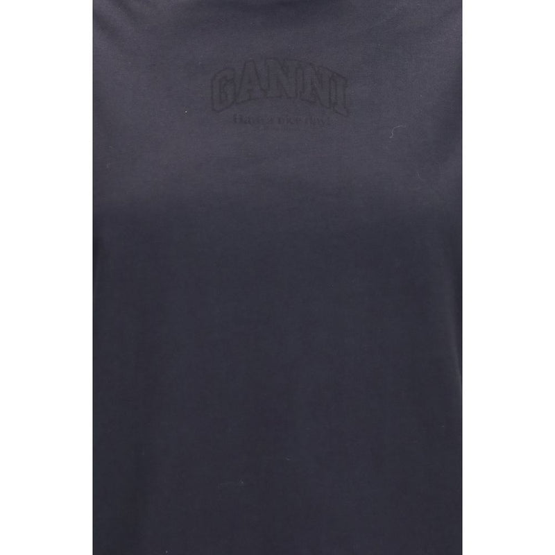 Black cotton t-shirt with tonal Ganni logo across the chest