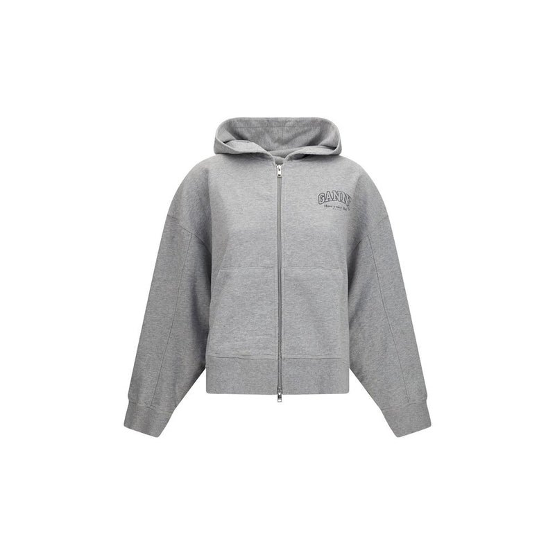 Gray cotton zip-up hoodie with a drawstring hood and Ganni logo on the chest