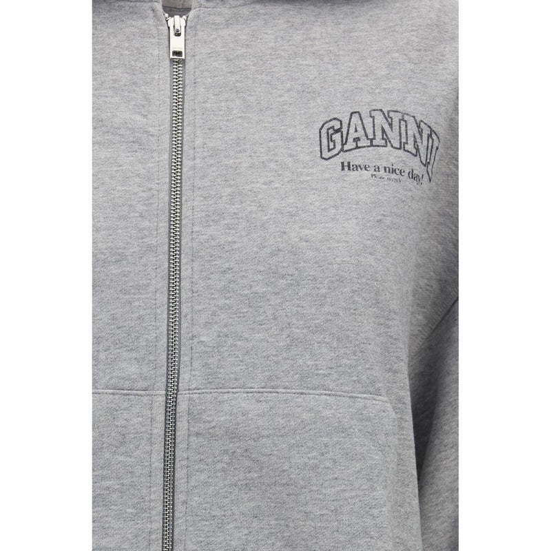 Gray cotton zip-up sweatshirt with black Ganni logo graphic