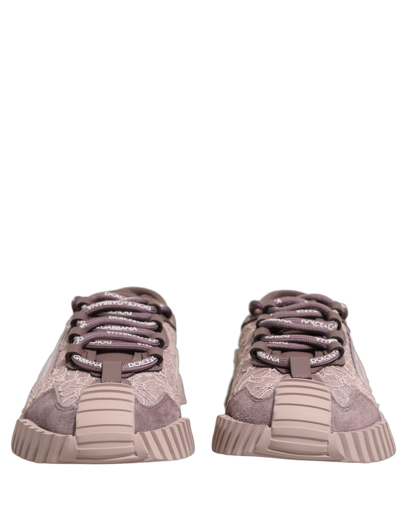 Pink lace low-top sneakers with suede trim and chunky rubber soles
