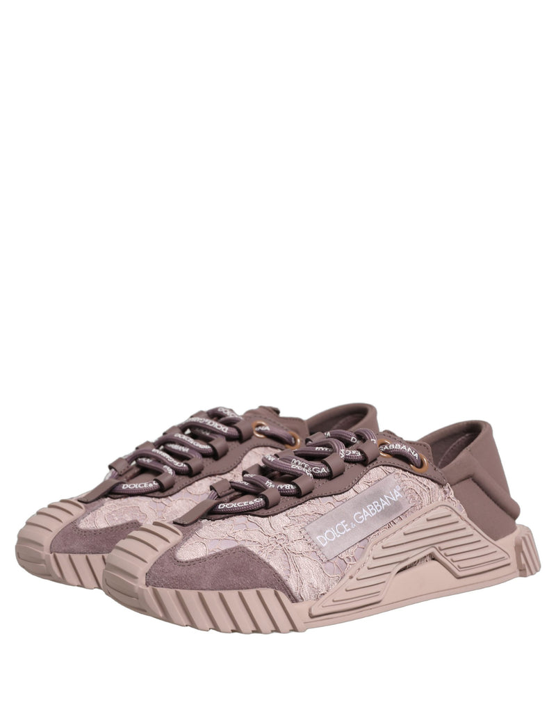 Dusty pink lace and suede NS1 low top sneakers with chunky rubber soles and branded laces