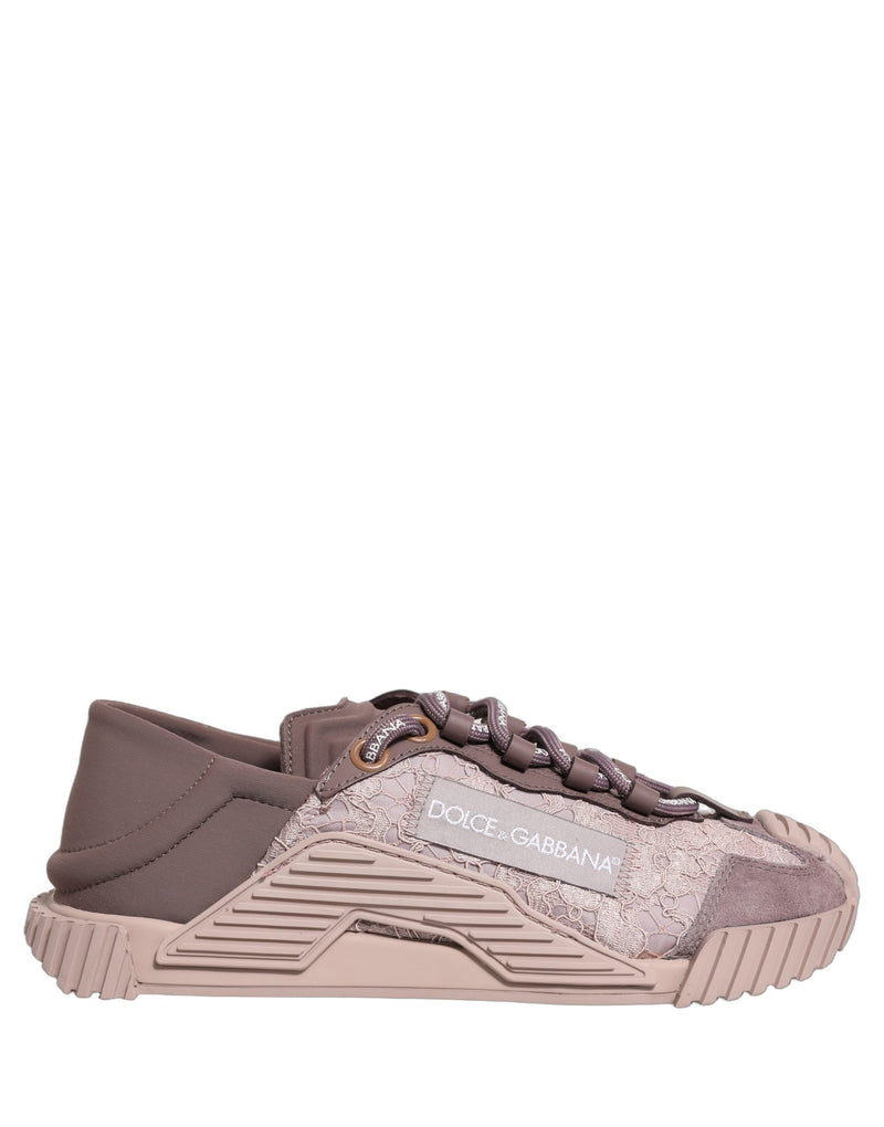 Pink lace and suede low top sneaker by Dolce & Gabbana with ribbed rubber sole