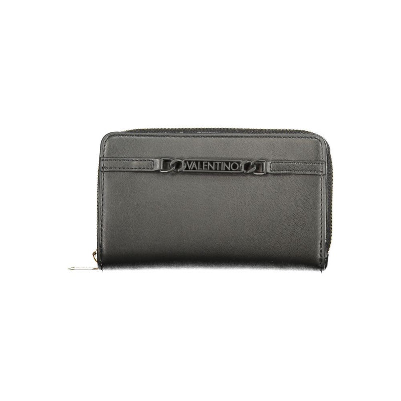 Black polyurethane zip-around wallet with a Valentino logo plaque