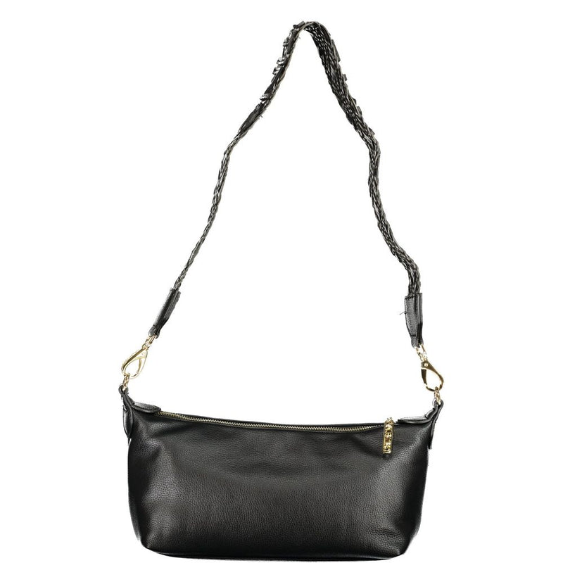 Black polyurethane shoulder bag with a braided strap and gold hardware