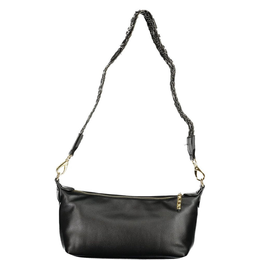 Black polyurethane Valentino shoulder bag with a front pocket and braided strap