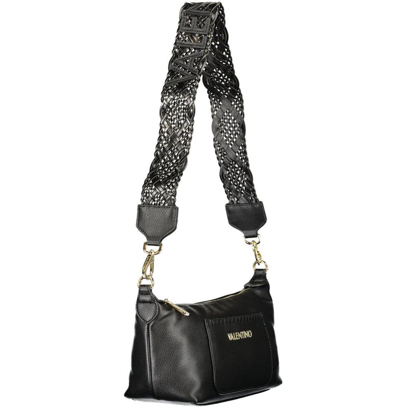 Black polyurethane women's bag with a wide woven shoulder strap and gold hardware
