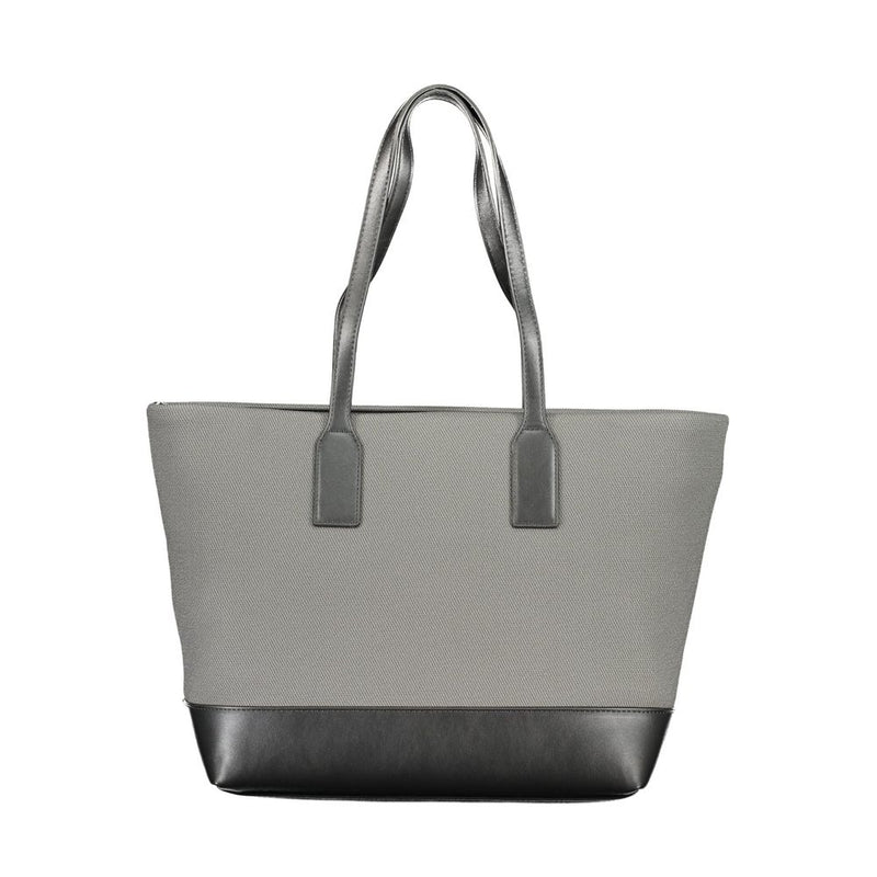 Grey canvas shoulder bag with black polyurethane trim and dual shoulder straps