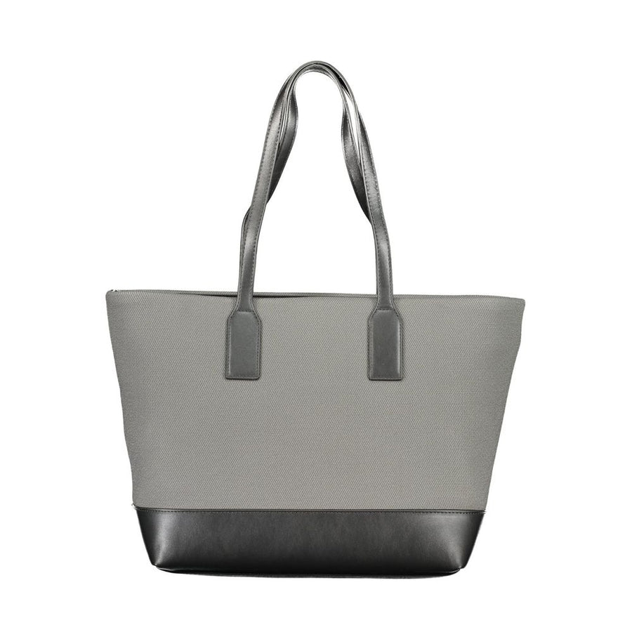 Grey and black polyurethane shoulder bag with top handles and gold Valentino logo