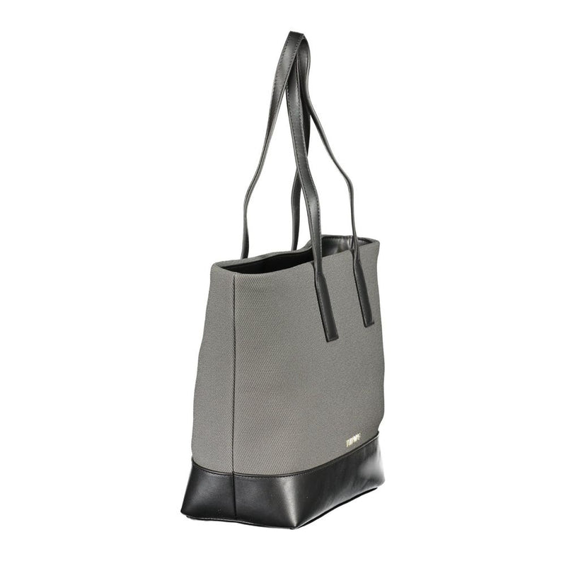 Grey and black polyurethane women's shoulder bag with dual handles