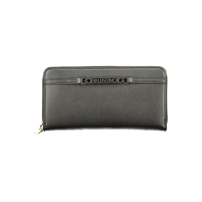Black polyurethane zip-around wallet with a Valentino logo plaque across the front