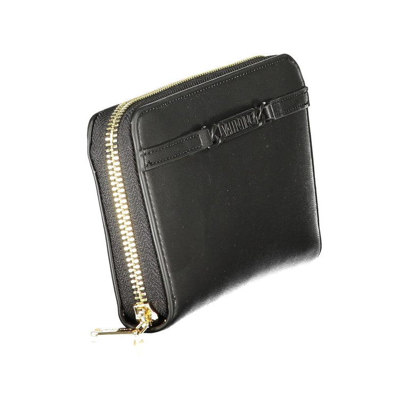 Black polyurethane zip-around women's wallet with gold hardware
