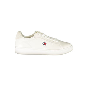 White polyurethane Tommy Hilfiger lace-up sneaker for women with a branded side logo and minimal casual style.