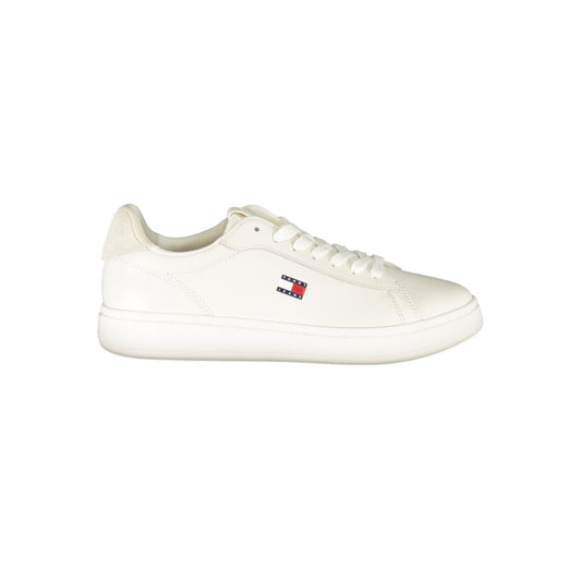 White polyurethane Tommy Hilfiger lace-up sneaker for women with a branded side logo and minimal casual style.