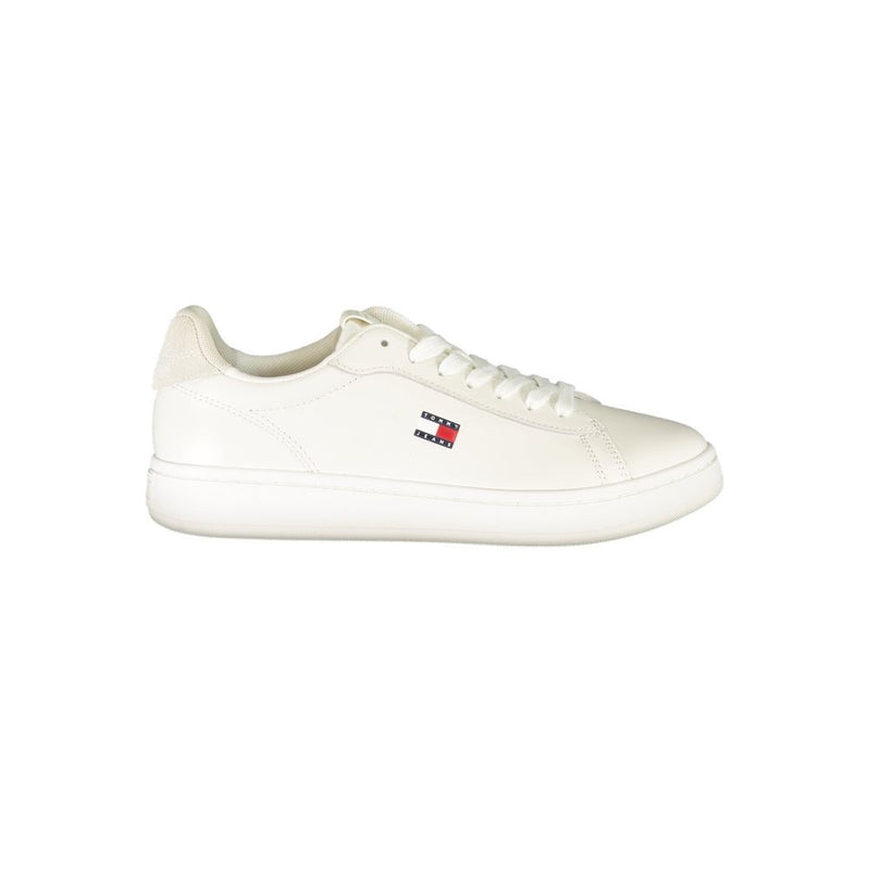 White polyurethane Tommy Hilfiger lace-up sneaker for women with a branded side logo and minimal casual style.
