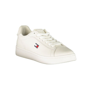 White Tommy Hilfiger polyurethane sneaker in a classic low-top court style with a small logo on the side.