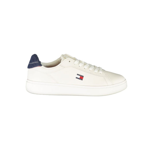 White polyurethane Tommy Hilfiger women’s casual sneaker with blue heel tab and logo on the side.