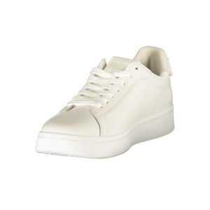 Tommy Hilfiger Bianco women’s white polyurethane casual sneaker with lace-up style and flat sole.