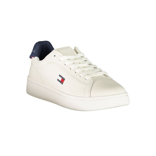 White Tommy Hilfiger polyurethane women's sneaker with navy heel accent and logo on side.