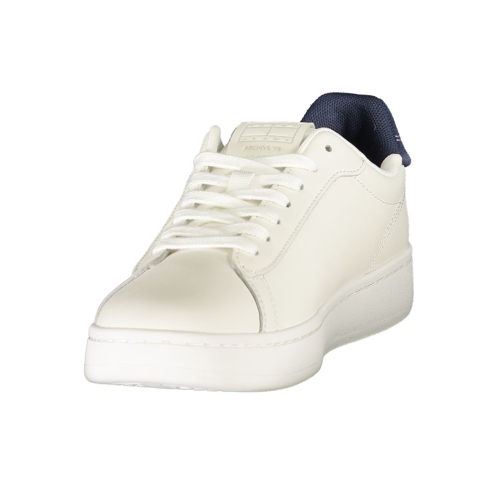 White polyurethane Tommy Hilfiger women's sneaker with lace-up front and dark blue heel collar.