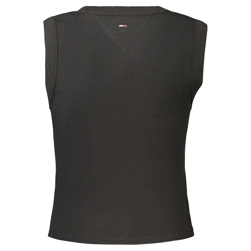 Black ribbed cotton women's tank top with crew neck and small flag logo on the back