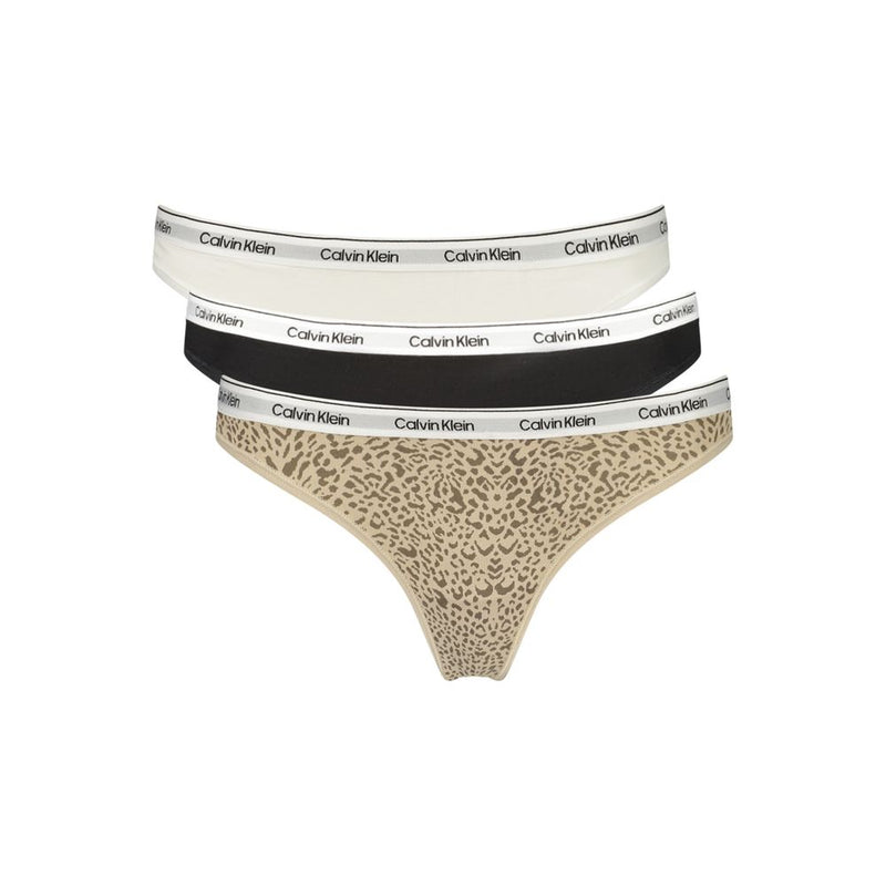 Three Calvin Klein cotton thongs in white, black, and animal print with branded elastic waistbands