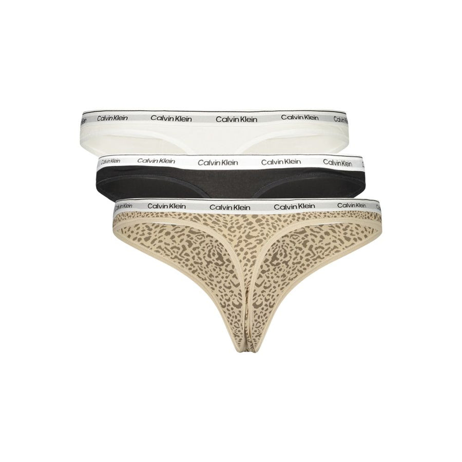 Three Calvin Klein cotton thongs in white, black, and animal print with branded elastic waistbands