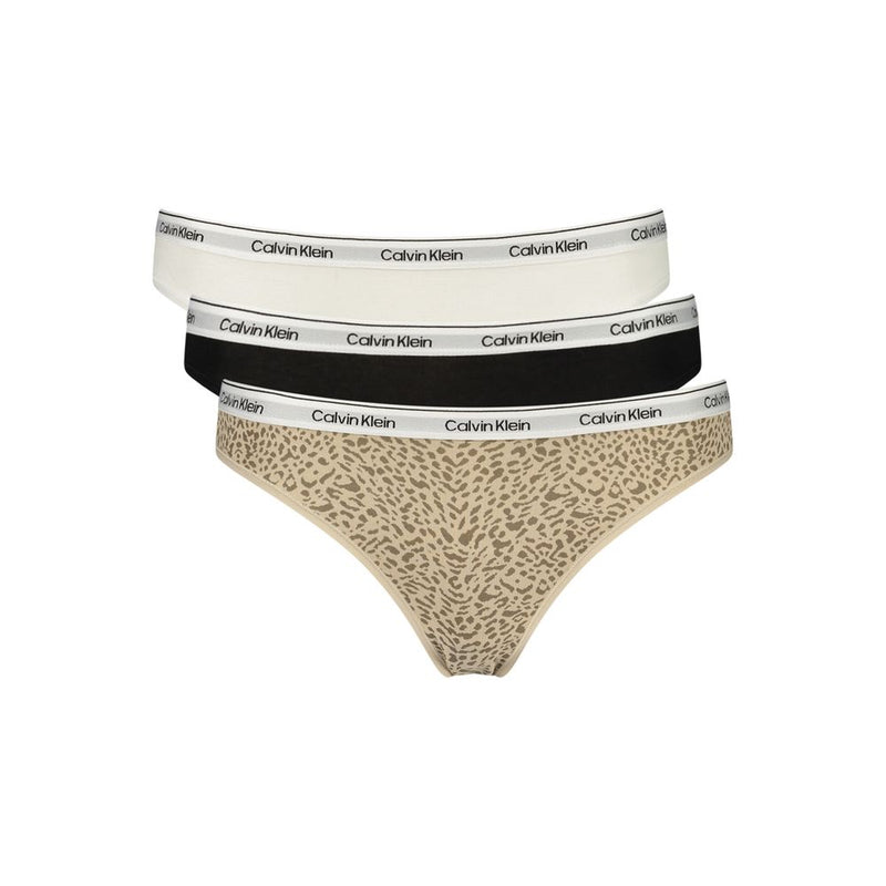 Three Calvin Klein cotton bikini underwear in white, black, and beige leopard print with logo waistbands