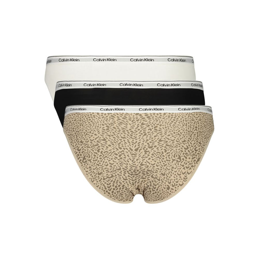 Three Calvin Klein cotton bikini underwear in white, black, and beige leopard print with logo waistbands