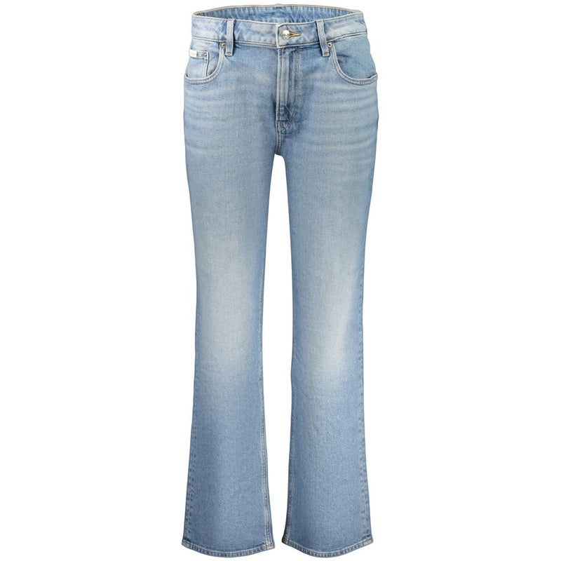 Light blue cotton denim women's jeans with a mid-rise waist and straight leg fit
