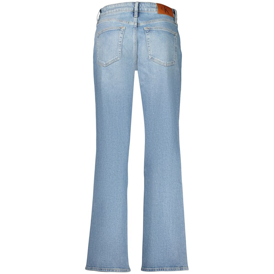 Light blue cotton denim women's jeans with a mid-rise waist and straight leg fit