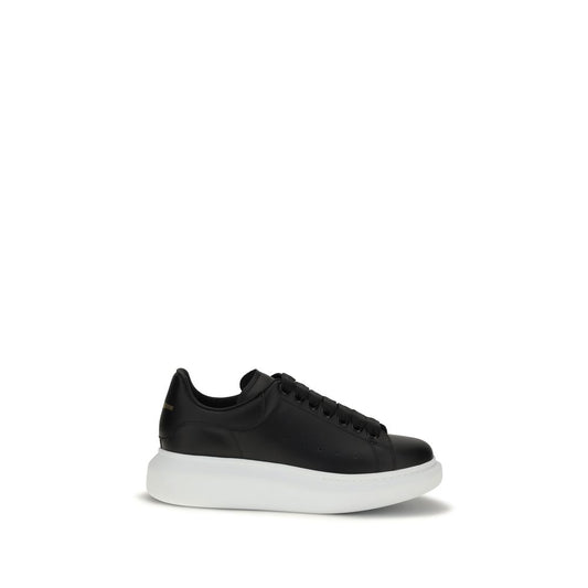 Black leather platform sneaker with a thick white rubber sole and wide black laces