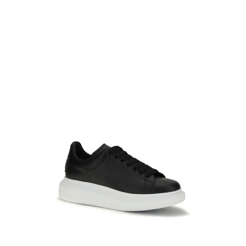 Black leather platform sneaker with thick black laces and a chunky white sole