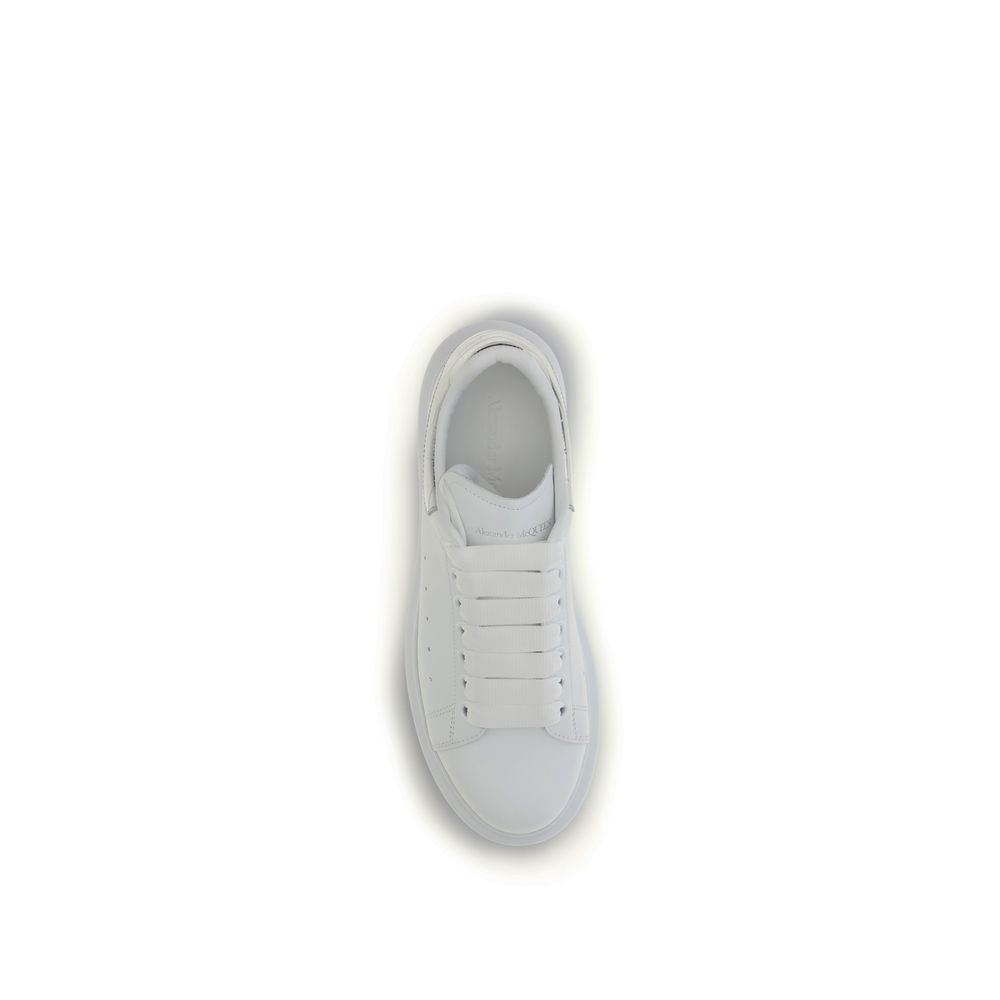 Top-down view of a white calf leather platform sneaker with wide flat laces.