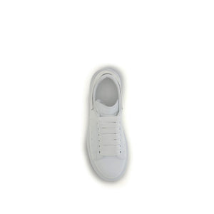 Top-down view of a white calf leather platform sneaker with wide flat laces.
