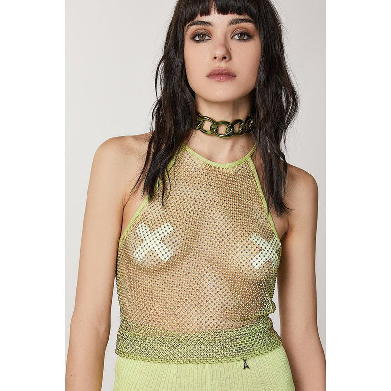 Yellow mesh halter tank top with sparkly rhinestones