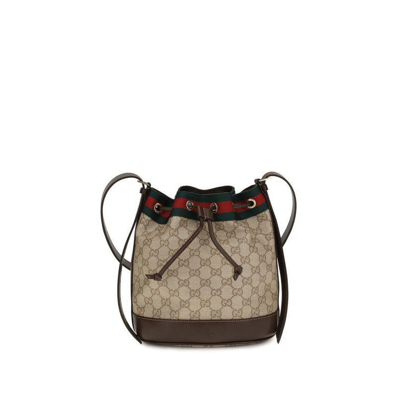 Beige monogram cotton bucket bag with brown leather trim and red and green web stripe
