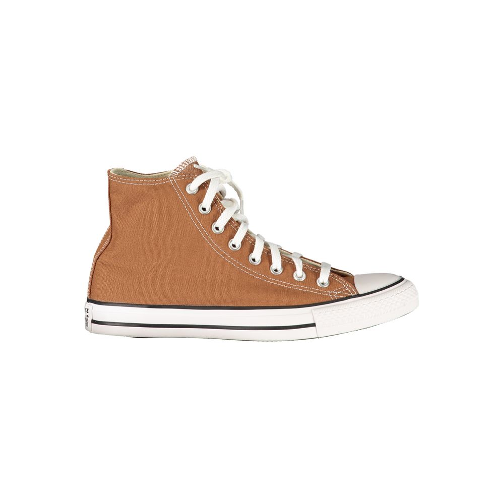 Brown high-top sneaker with white laces on a white background