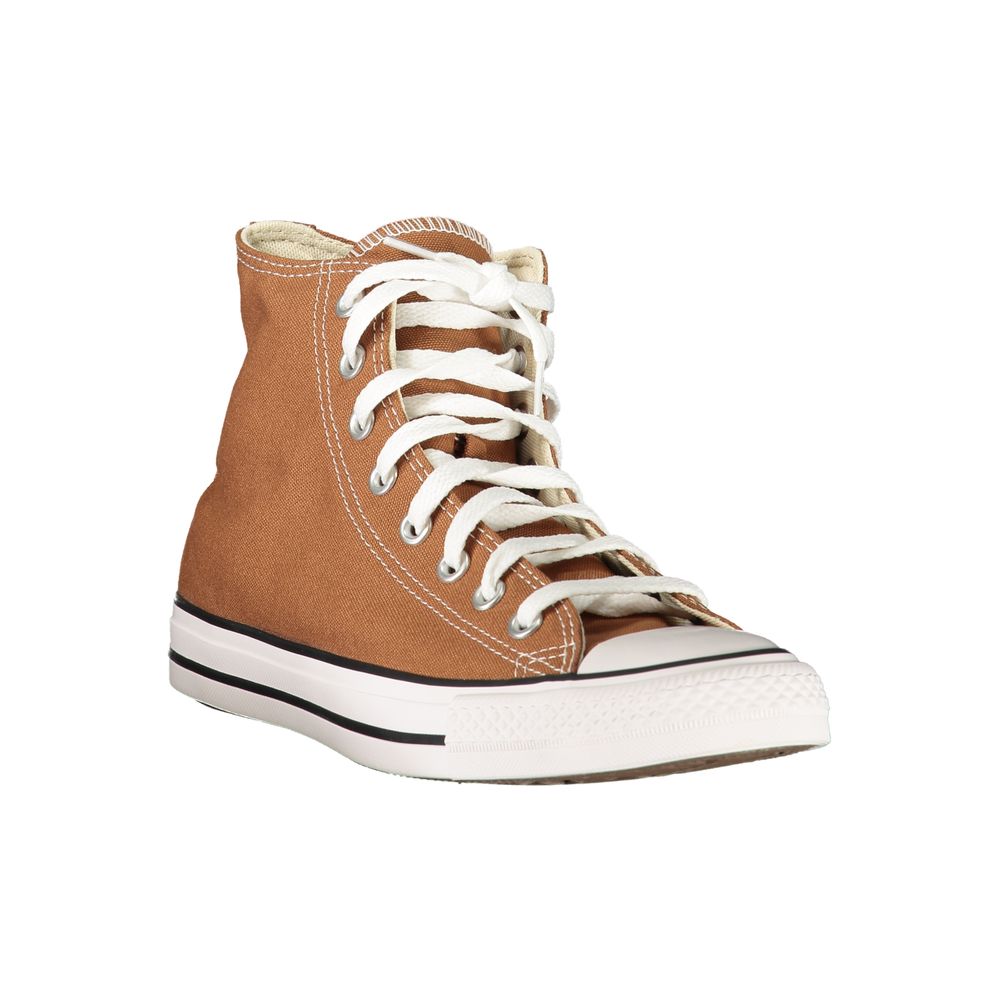 Brown high-top sneaker with white laces on a white background