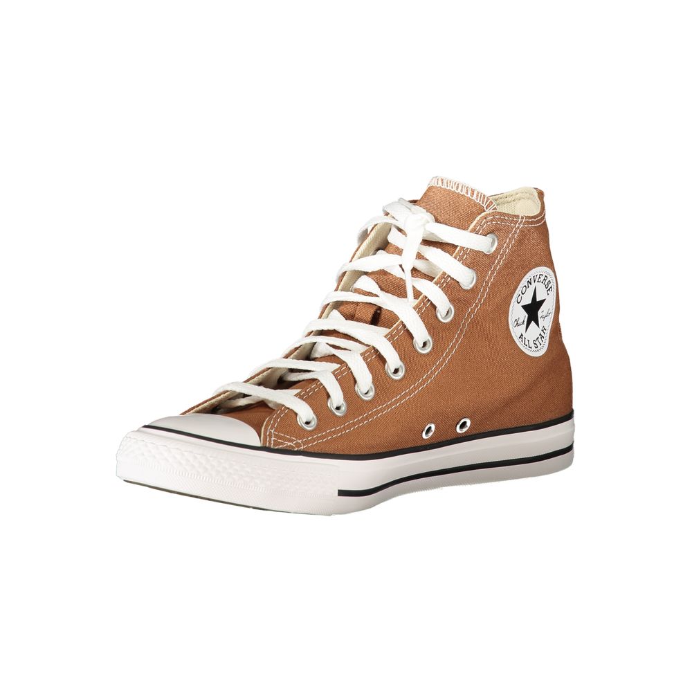 Brown high-top sneaker with white laces on a white background